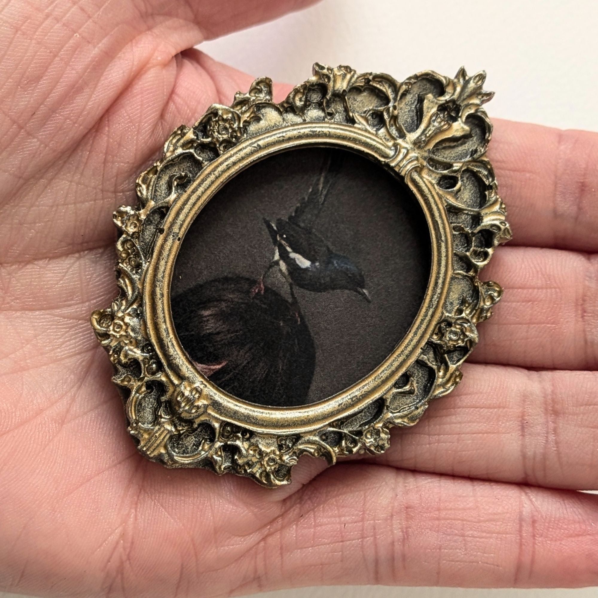 Cadre Oiseau Noir et Blanc Style Ancien - Déco Gothique Cabinet de Curiosités Baroque - Illustration Surréaliste Pie Résine Légère Dark Academia