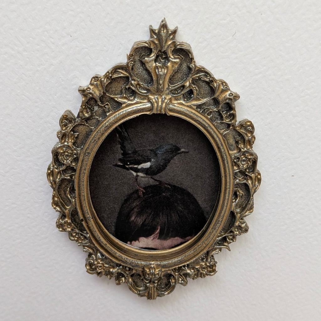 Cadre Oiseau Noir et Blanc Style Ancien - Déco Gothique Cabinet de Curiosités Baroque - Illustration Surréaliste Pie Résine Légère Dark Academia
