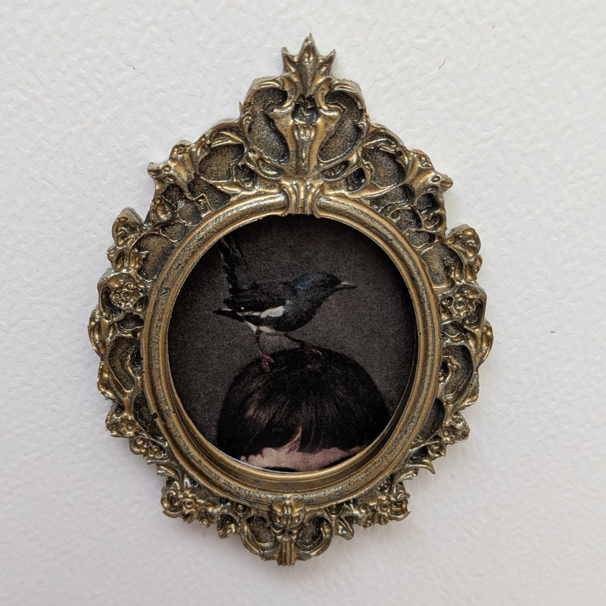 Cadre Oiseau Noir et Blanc Style Ancien - Déco Gothique Cabinet de Curiosités Baroque - Illustration Surréaliste Pie Résine Légère Dark Academia