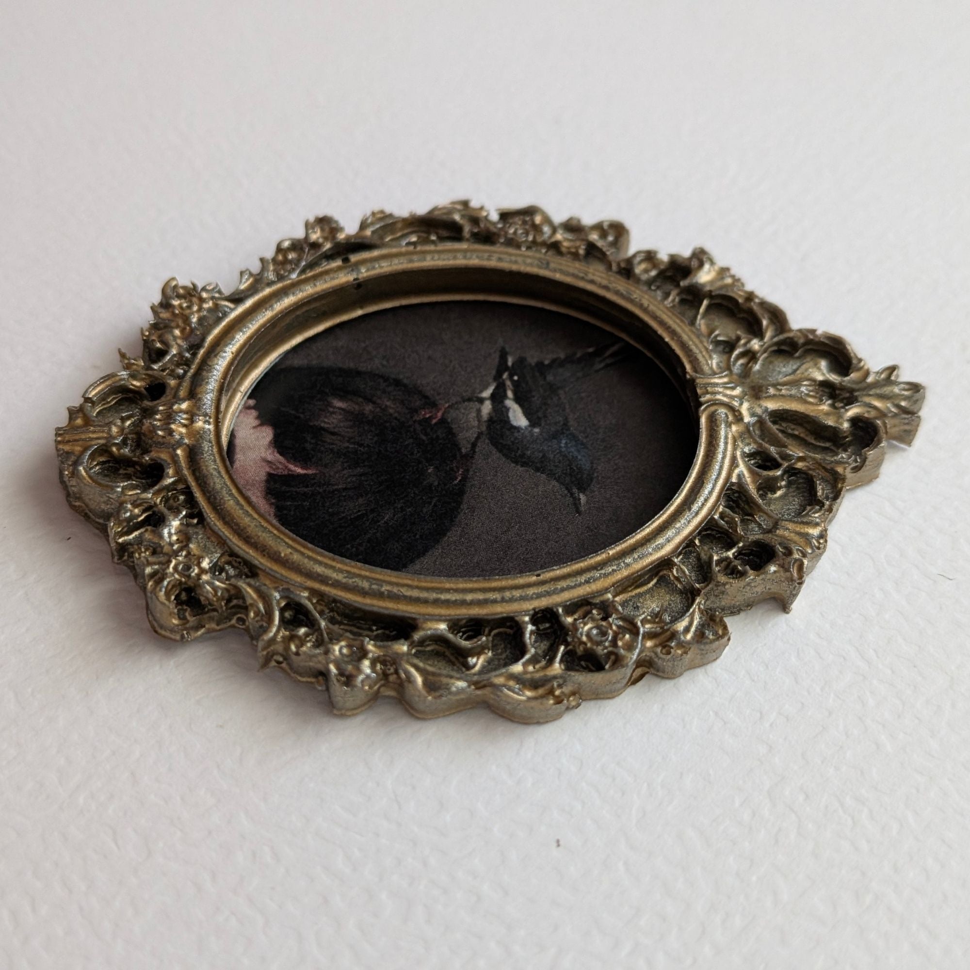 Cadre Oiseau Noir et Blanc Style Ancien - Déco Gothique Cabinet de Curiosités Baroque - Illustration Surréaliste Pie Résine Légère Dark Academia