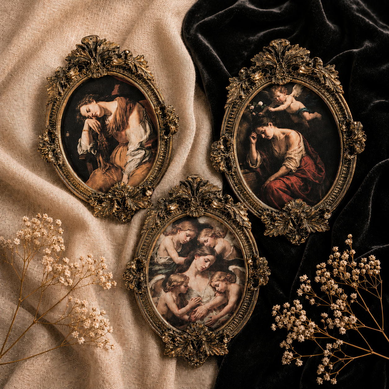 Lot de 3 mini cadres baroques dorés – Illustrations Anges & Peintures Classiques style renaissance
